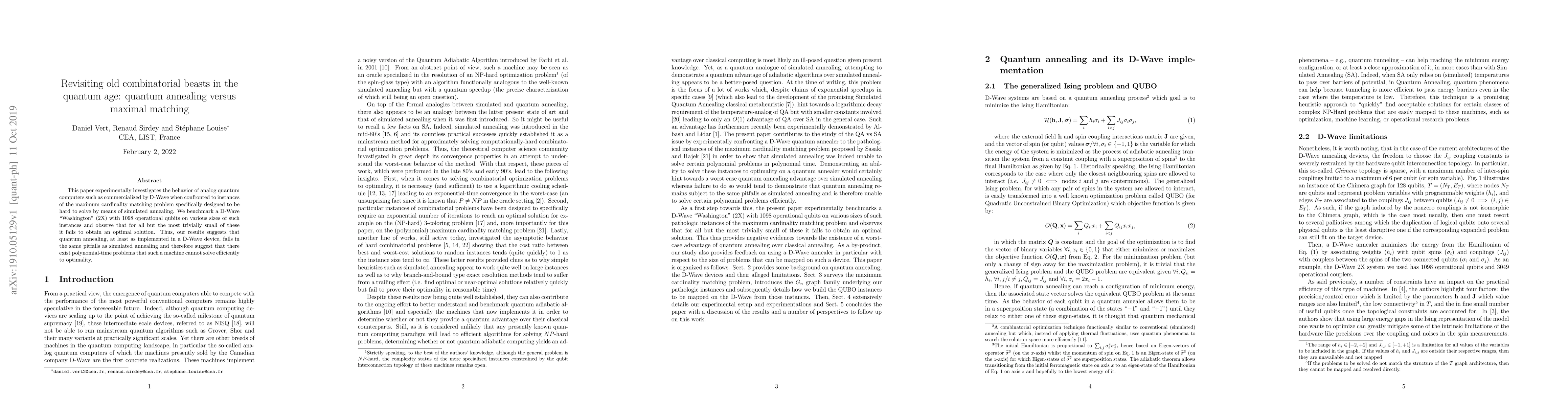 Thumbnail for Revisiting old combinatorial beasts in the quantum age: quantum
  annealing versus maximal matching