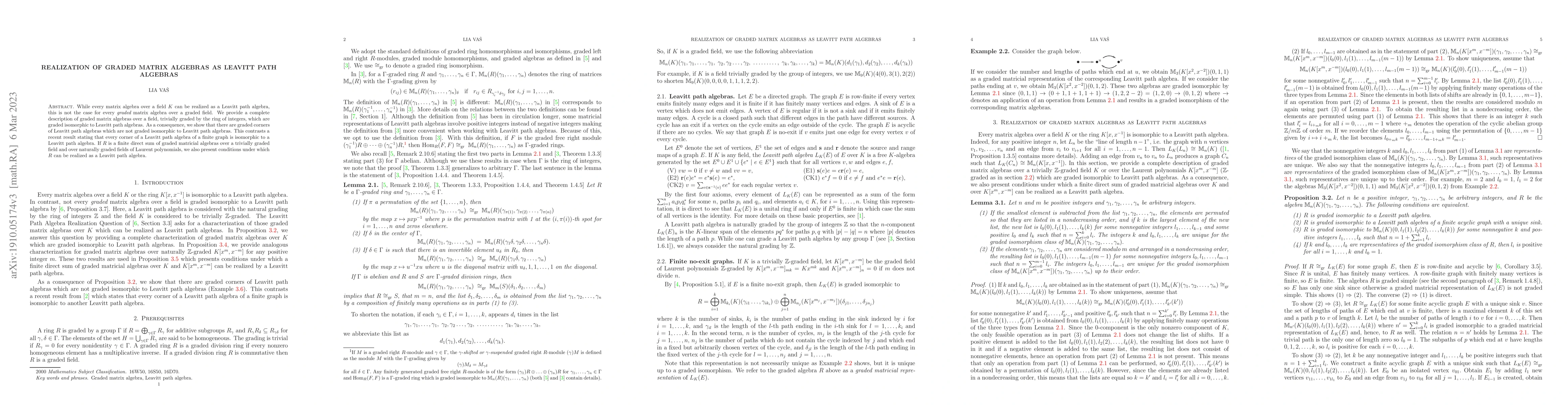 Thumbnail for Realization of graded matrix algebras as Leavitt path algebras