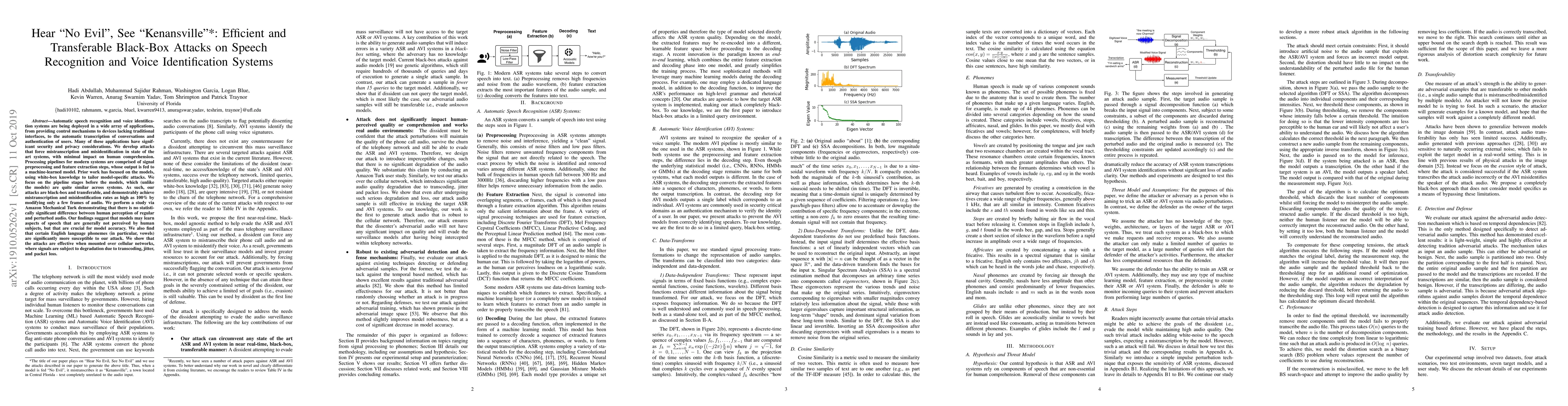 Thumbnail for Hear "No Evil", See "Kenansville": Efficient and Transferable Black-Box
  Attacks on Speech Recognition and Voice Identification Systems