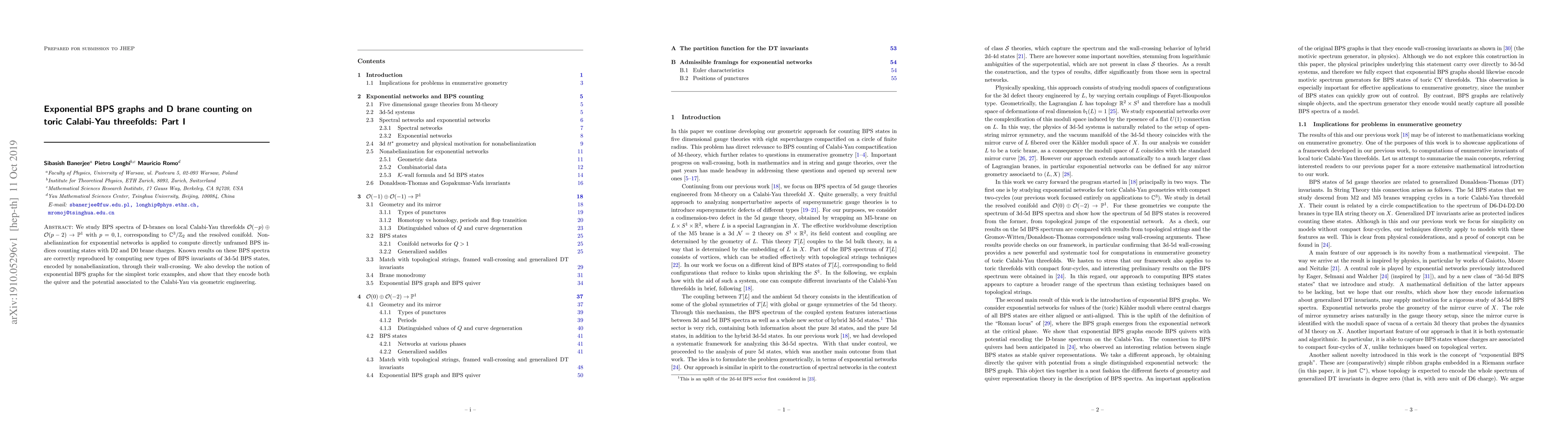 Thumbnail for Exponential BPS graphs and D brane counting on toric Calabi-Yau
  threefolds: Part I