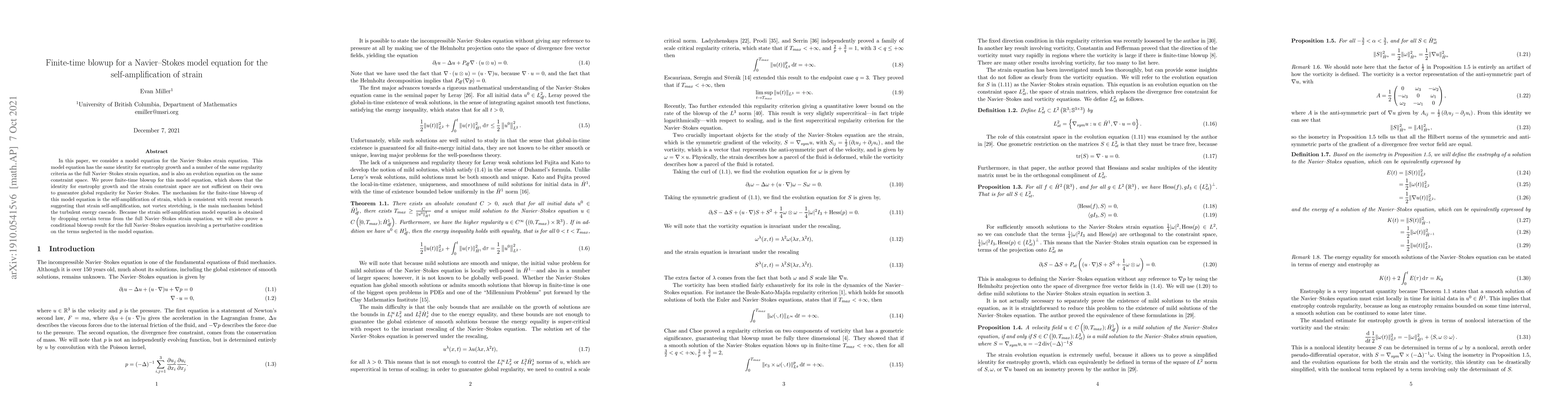 Thumbnail for Finite-time blowup for a Navier-Stokes model equation for the
  self-amplification of strain