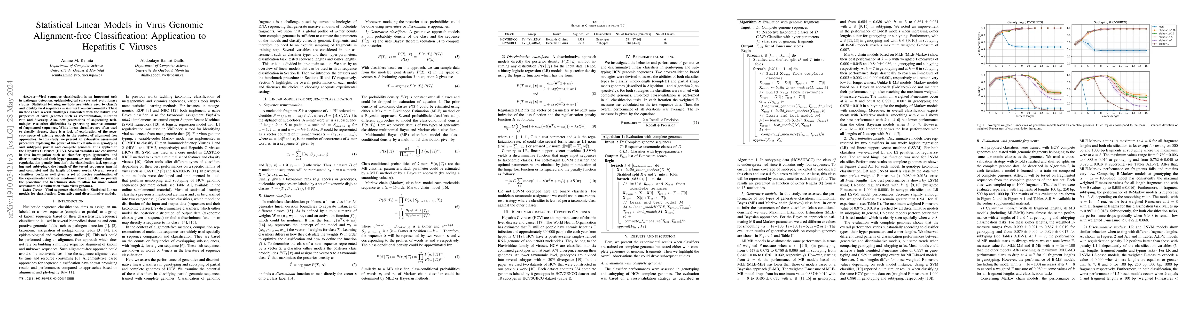 Thumbnail for Statistical Linear Models in Virus Genomic Alignment-free
  Classification: Application to Hepatitis C Viruses