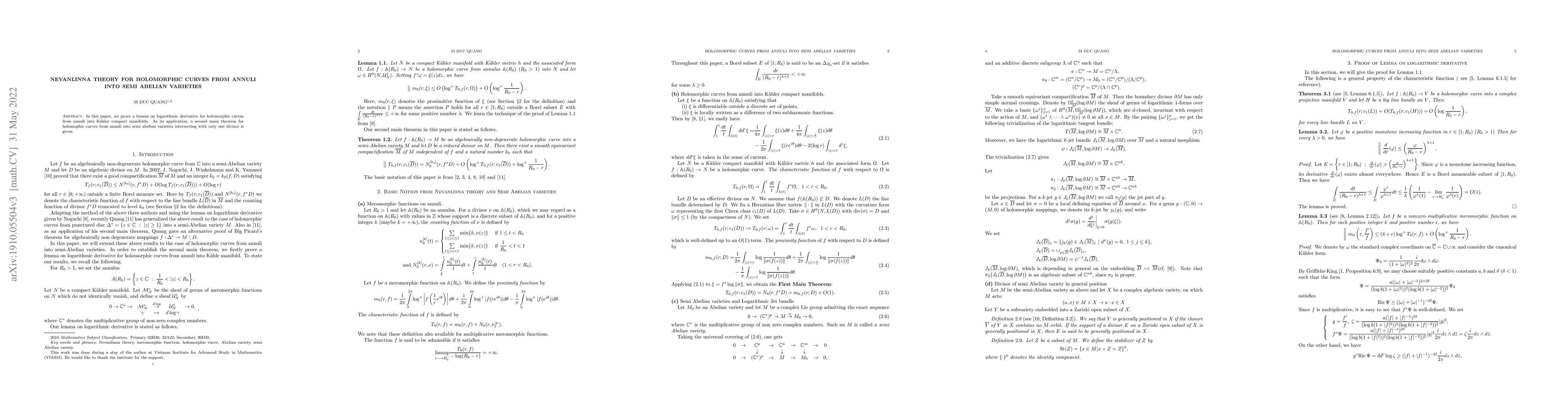Thumbnail for Nevanlinna theory for holomorphic curves from annuli into semi Abelian
  varieties