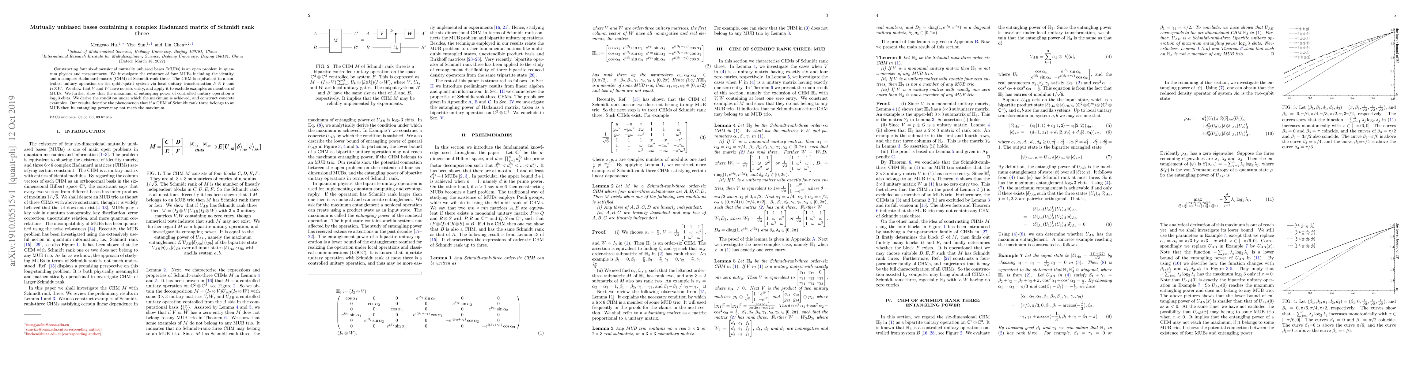 Thumbnail for Mutually unbiased bases containing a complex Hadamard matrix of Schmidt
  rank three