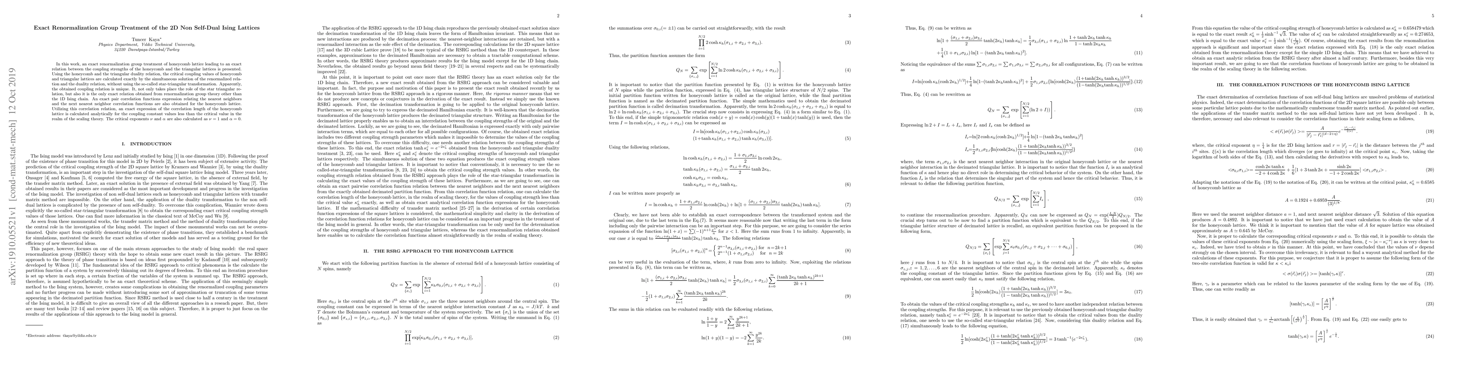 Thumbnail for Exact Renormalization Group Treatment of the 2D Non Self-Dual Ising
  Lattices