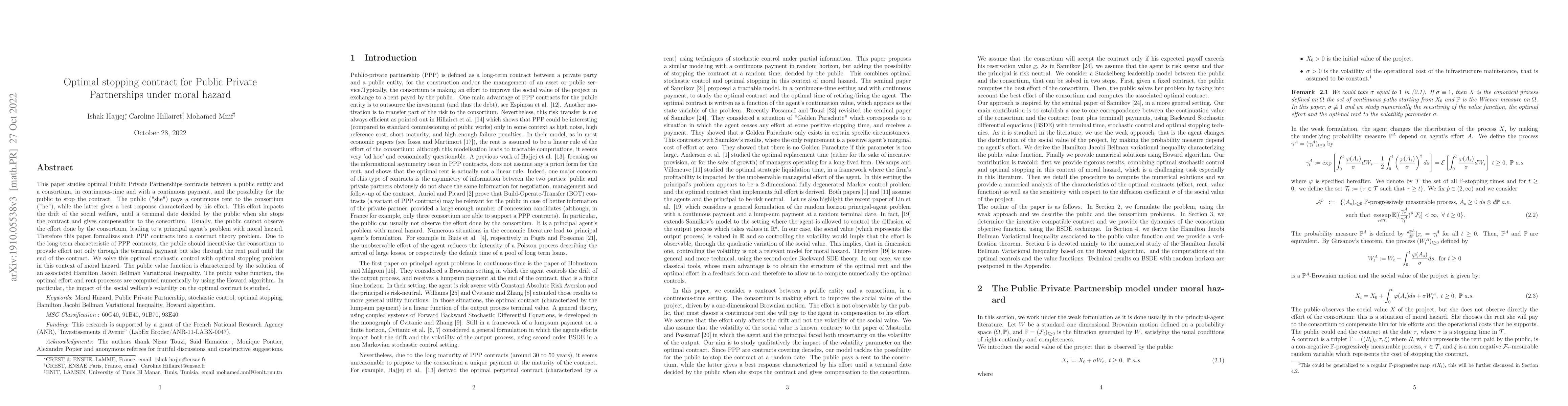 Thumbnail for Optimal stopping contract for Public Private Partnerships under moral
  hazard