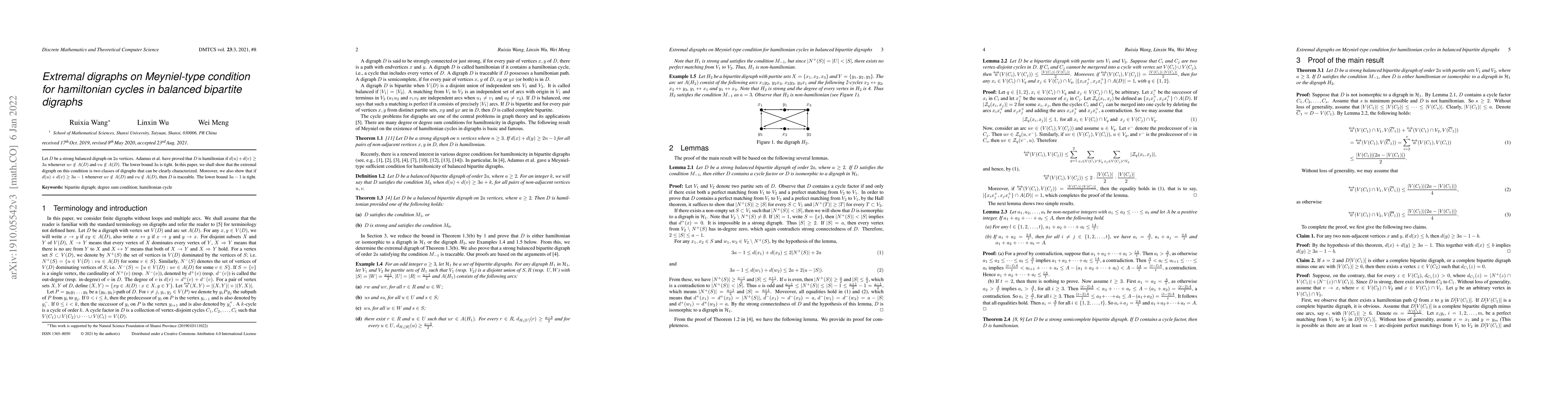 Thumbnail for Extremal digraphs on Meyniel-type condition for hamiltonian cycles in
  balanced bipartite digraphs