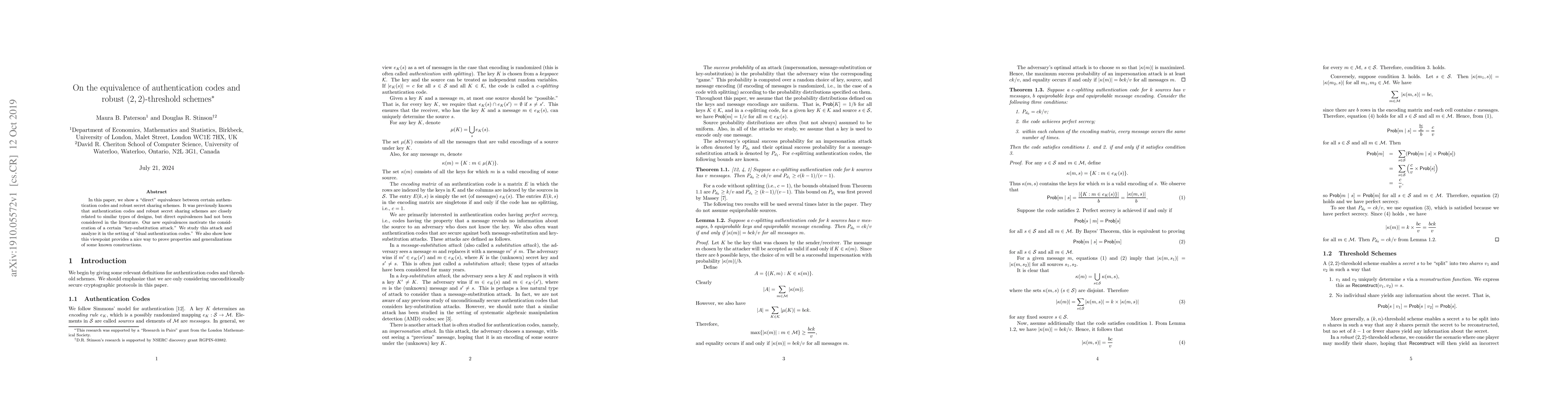 Thumbnail for On the equivalence of authentication codes and robust (2,2)-threshold
  schemes