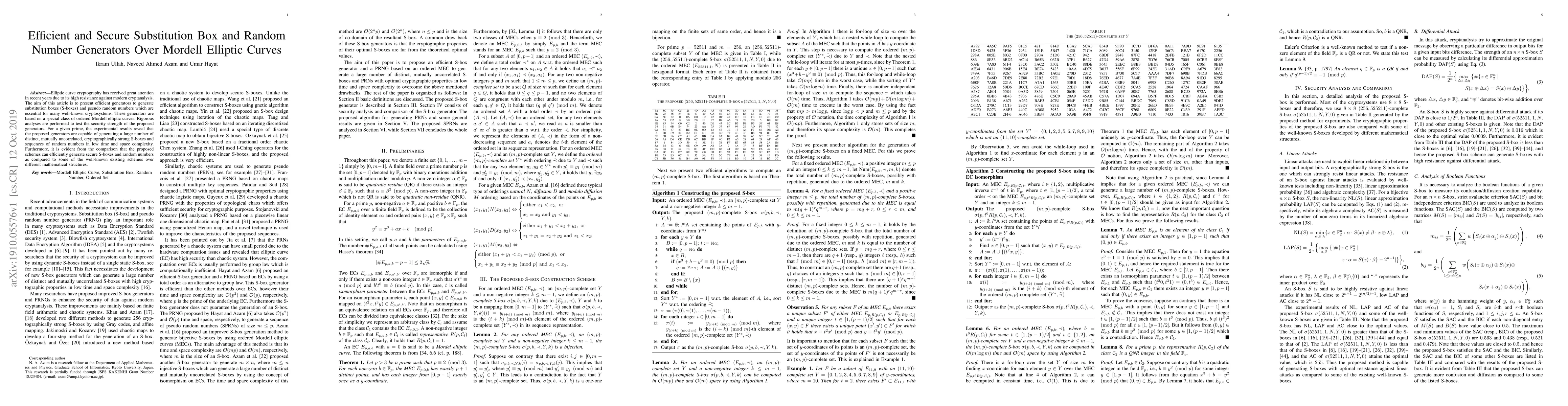 Thumbnail for Efficient and Secure Substitution Box and Random Number Generators Over
  Mordell Elliptic Curves