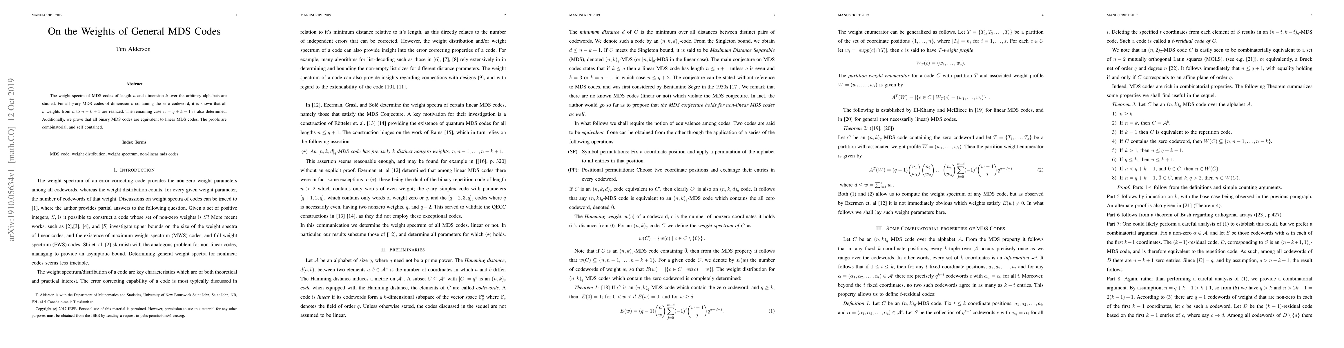 Thumbnail for On the Weights of General MDS Codes