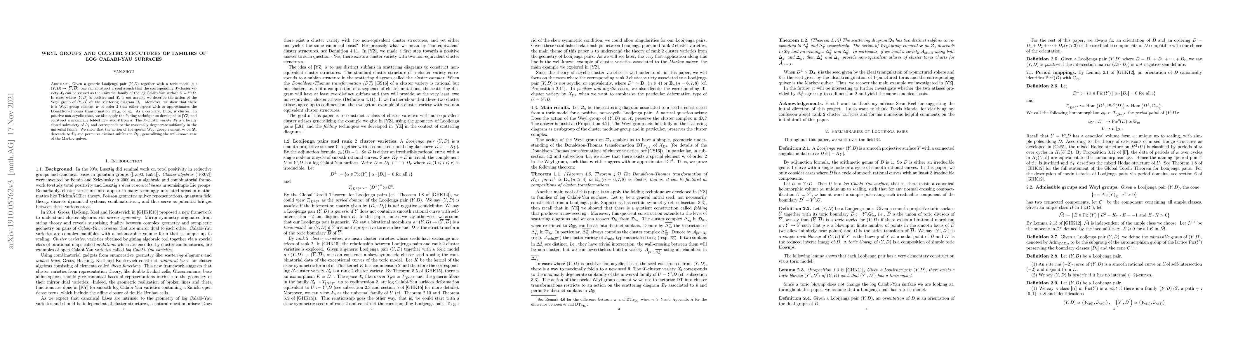 Thumbnail for Weyl groups and cluster structures of families of log Calabi-Yau
  surfaces