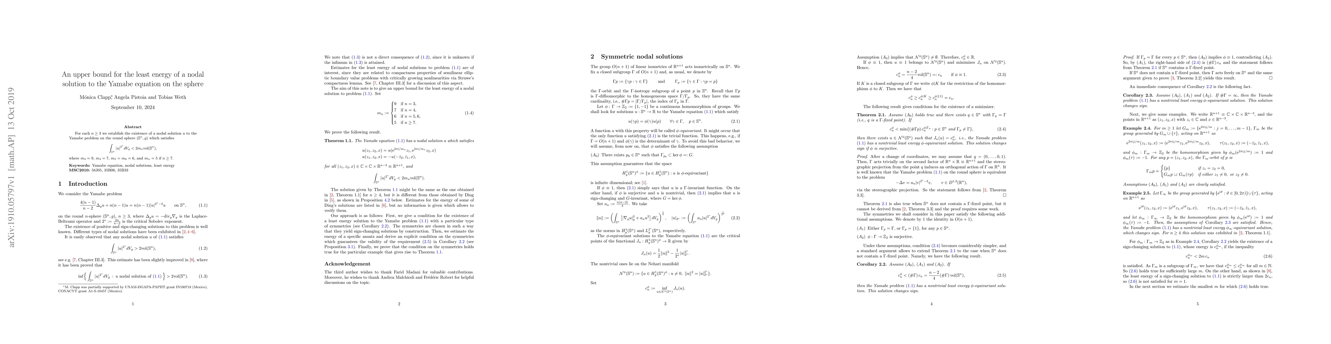 Thumbnail for An upper bound for the least energy of a nodal solution to the Yamabe
  equation on the sphere