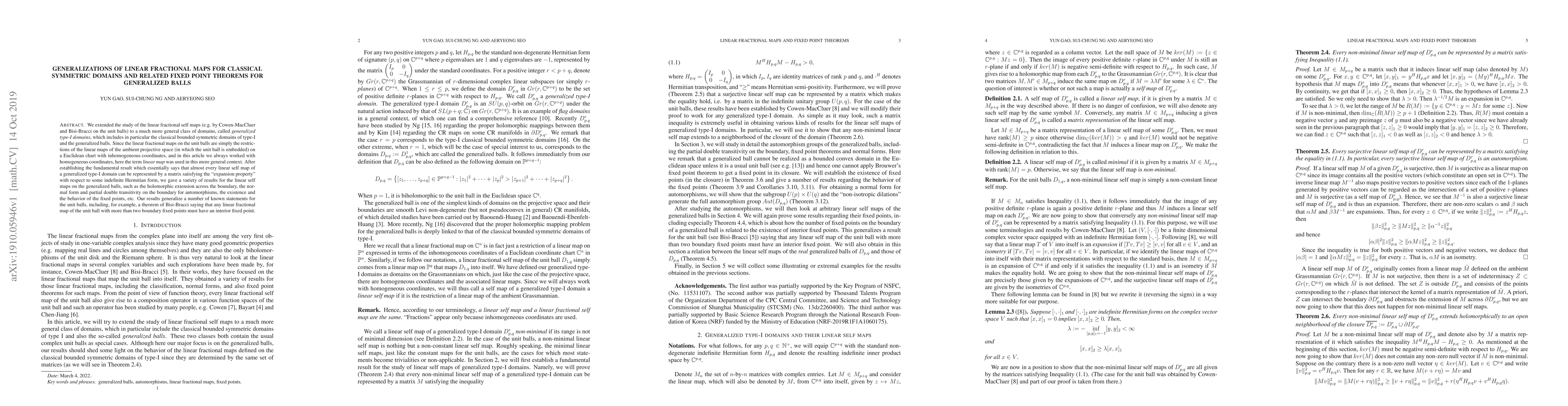 Thumbnail for Generalizations of linear fractional maps for classical symmetric
  domains and related fixed point theorems for generalized balls