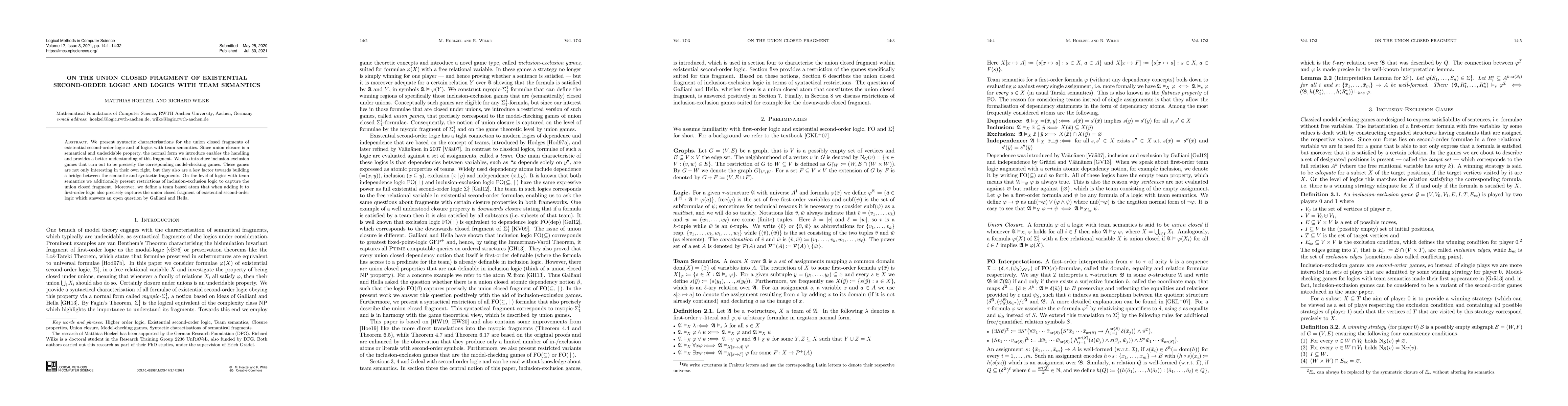 Thumbnail for On the Union Closed Fragment of Existential Second-Order Logic and
  Logics with Team Semantics
