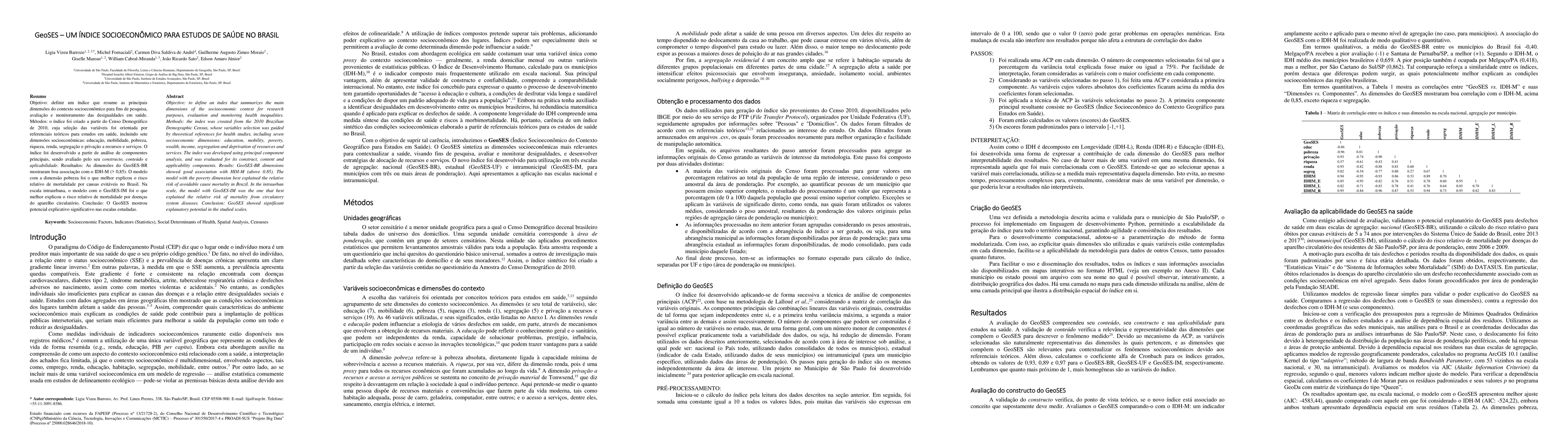 Thumbnail for GeoSES -- um \'Indice Socioecon\^omico para Estudos de Sa\'ude no Brasil