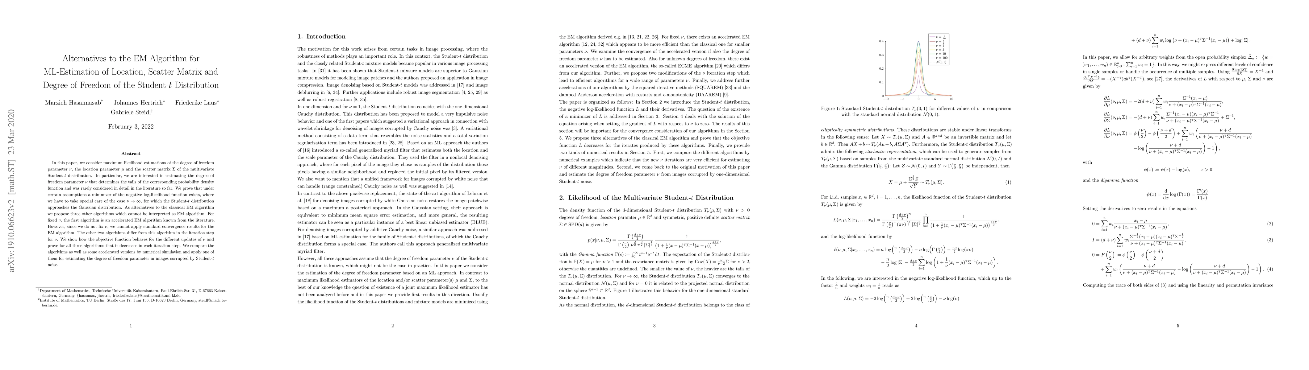 Thumbnail for Alternatives to the EM Algorithm for ML-Estimation of Location, Scatter
  Matrix and Degree of Freedom of the Student-$t$ Distribution