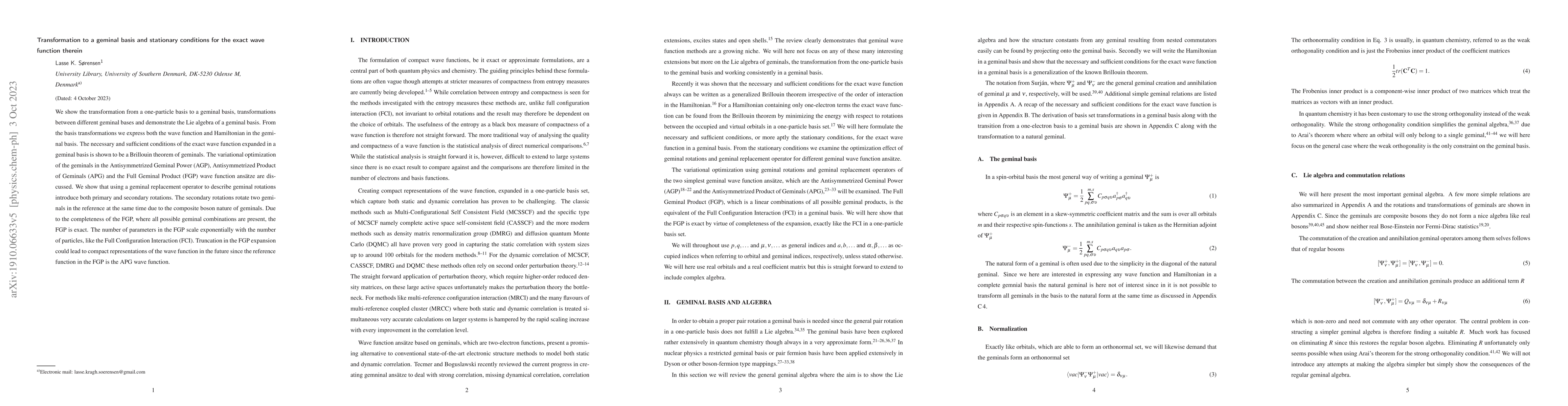 Thumbnail for Transformation to a geminal basis and stationary conditions for the
  exact wave function therein