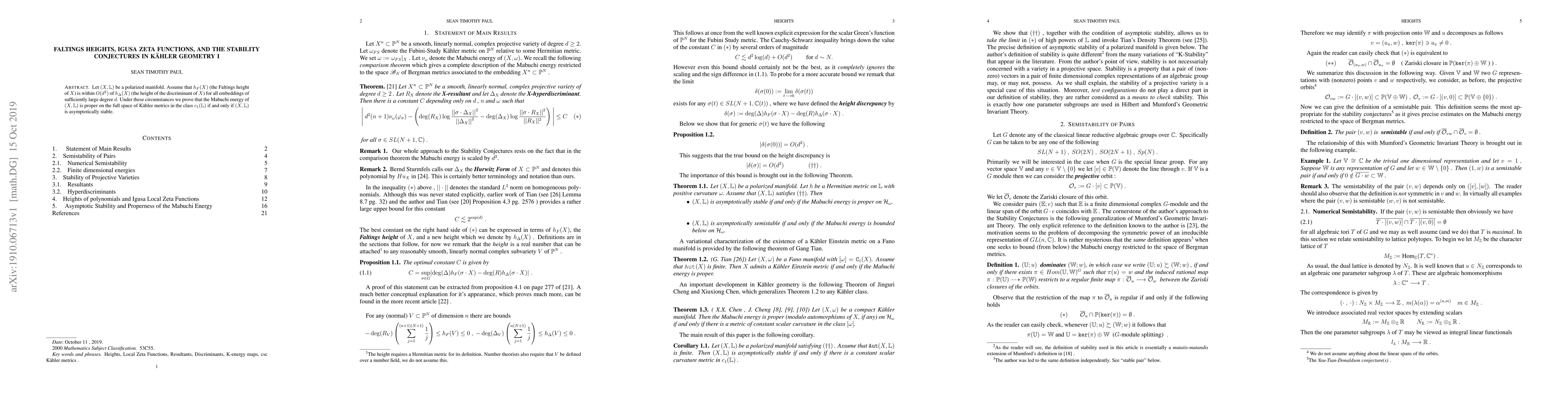 Thumbnail for Faltings Heights, Igusa Local Zeta Functions, and the Stability
  Conjectures in Kahler Geometry I