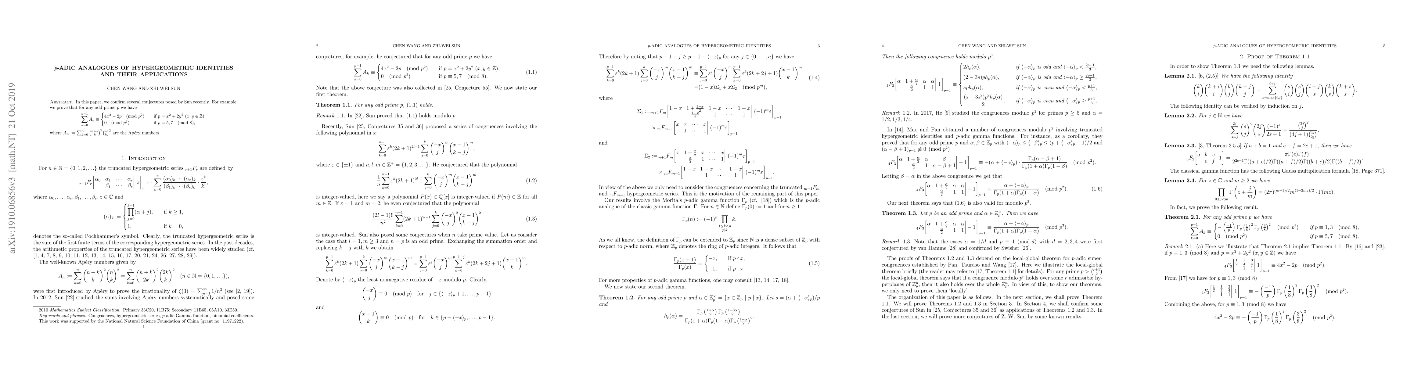 Thumbnail for $p$-adic analogues of hypergeometric identities and their applications