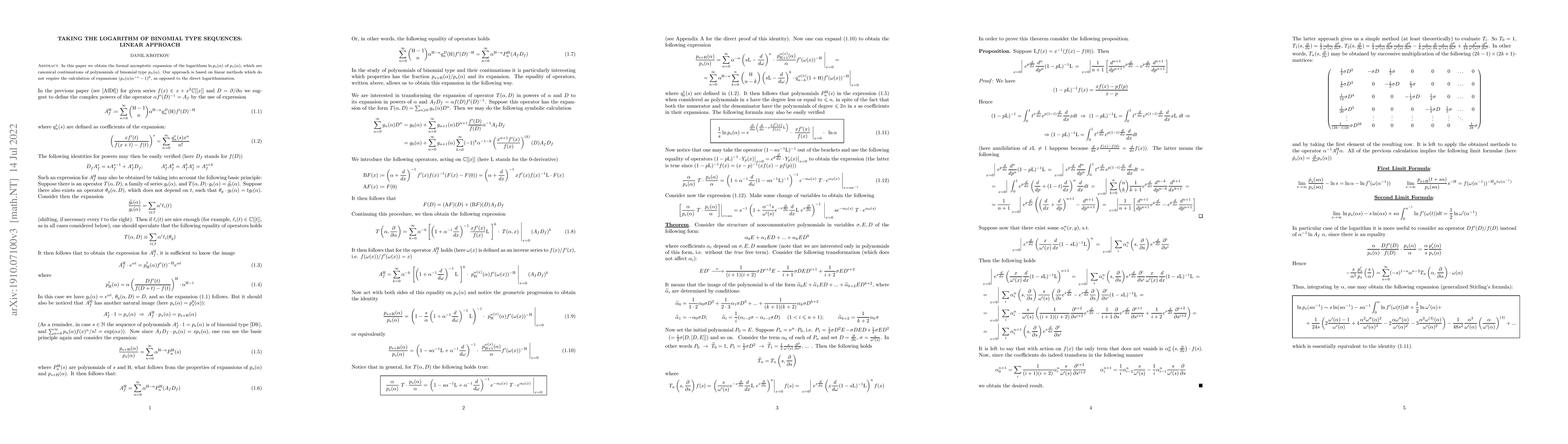 Thumbnail for Taking the logarithm of binomial type sequences: linear approach