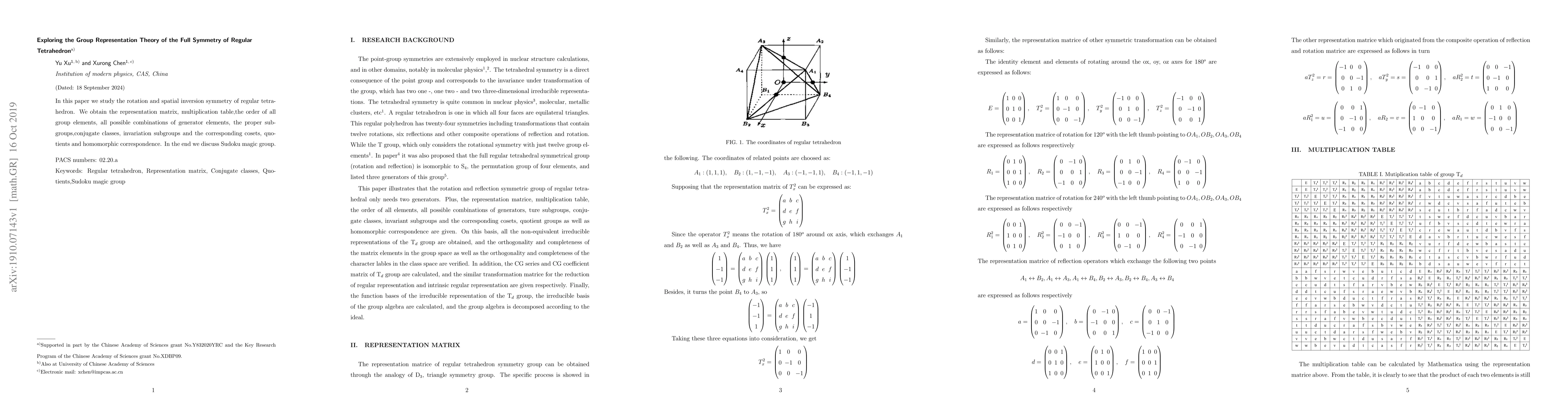 Thumbnail for Exploring the Group Representation Theory of the Full Symmetry of
  Regular Tetrahedron
