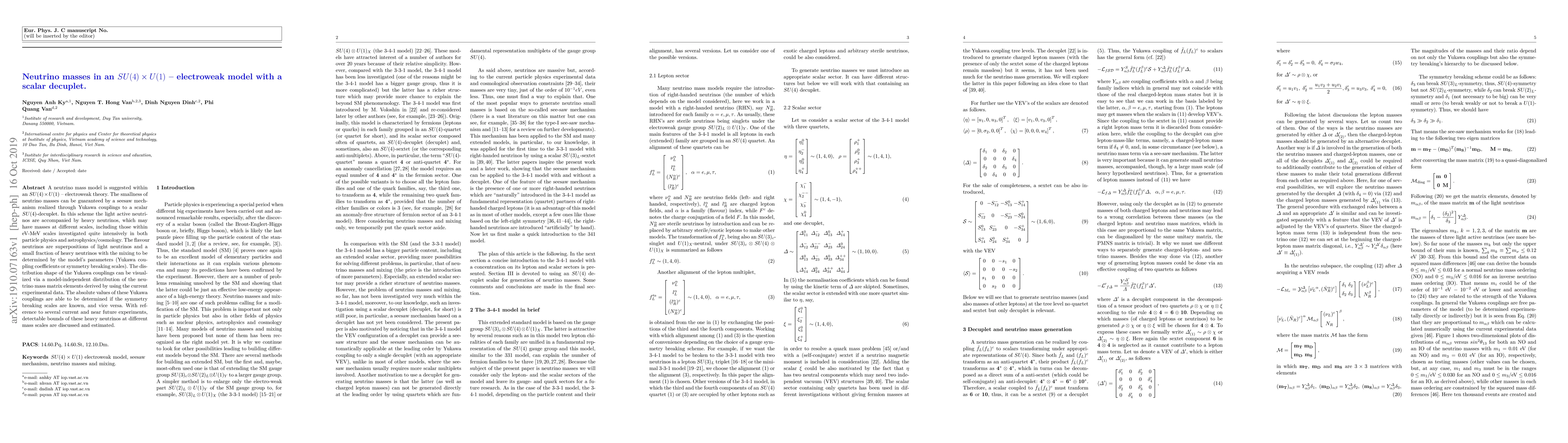 Thumbnail for Neutrino masses in an $SU(4)\times U(1)$ -- electroweak model with a
  scalar decuplet