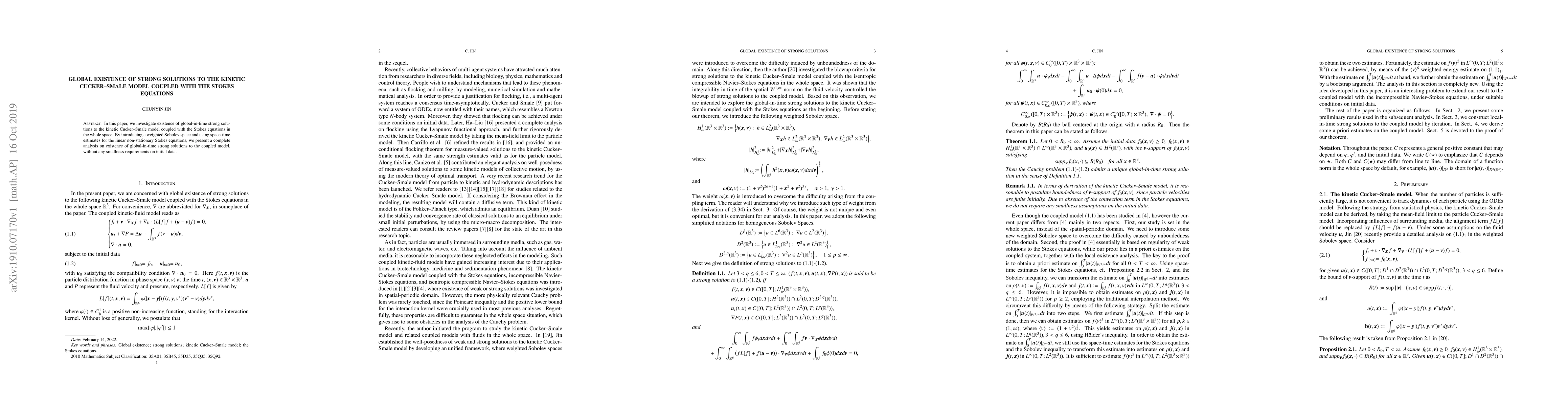 Thumbnail for Global Existence of Strong Solutions to the Kinetic Cucker--Smale Model
  Coupled with the Stokes Equations