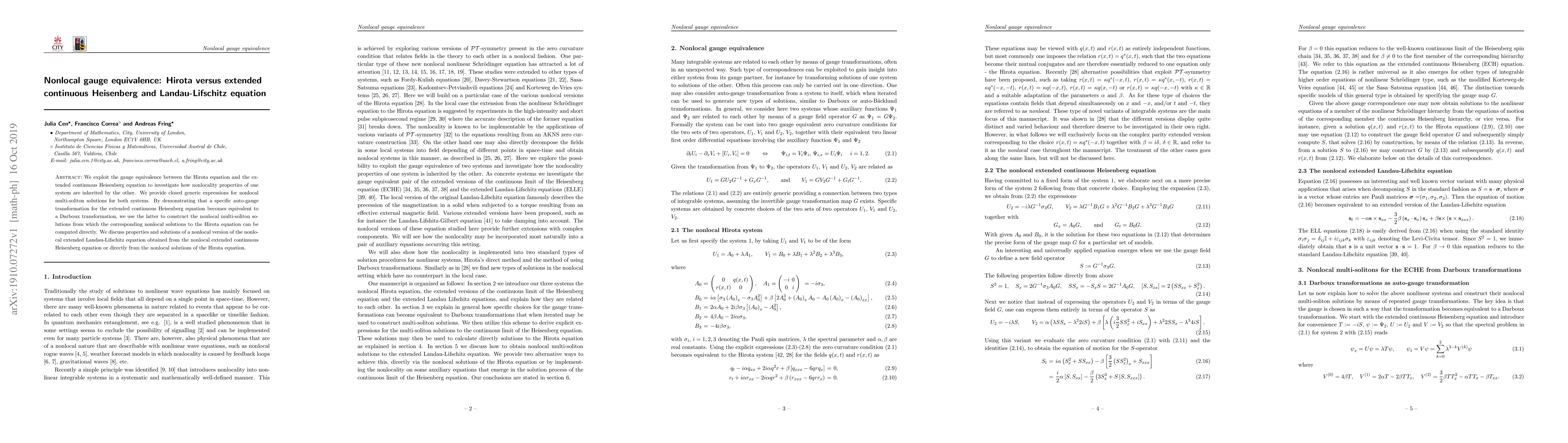 Thumbnail for Nonlocal gauge equivalence: Hirota versus extended continuous Heisenberg
  and Landau-Lifschitz equation