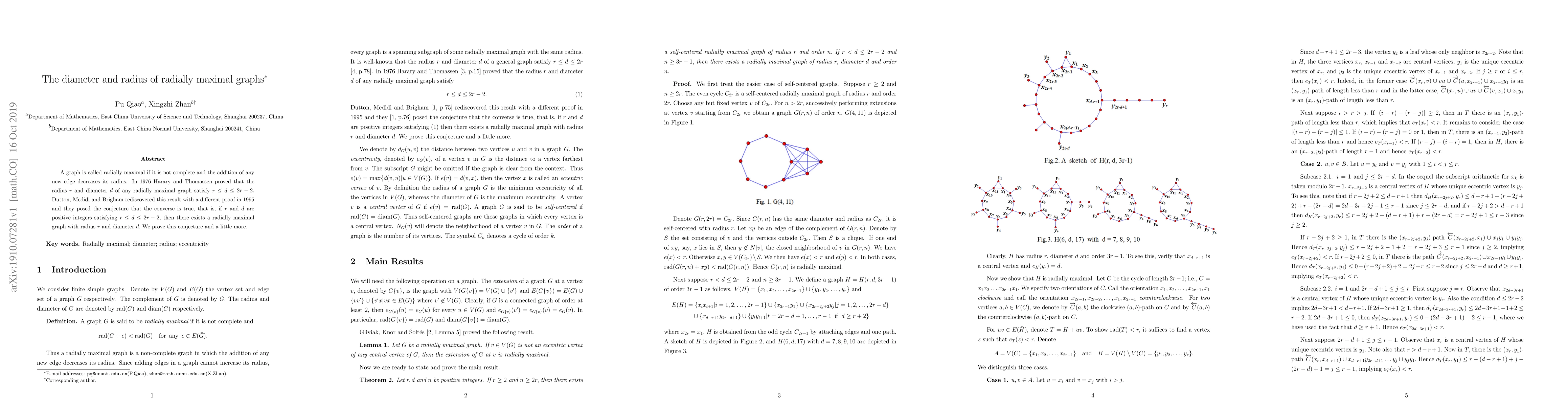 Thumbnail for The diameter and radius of radially maximal graphs