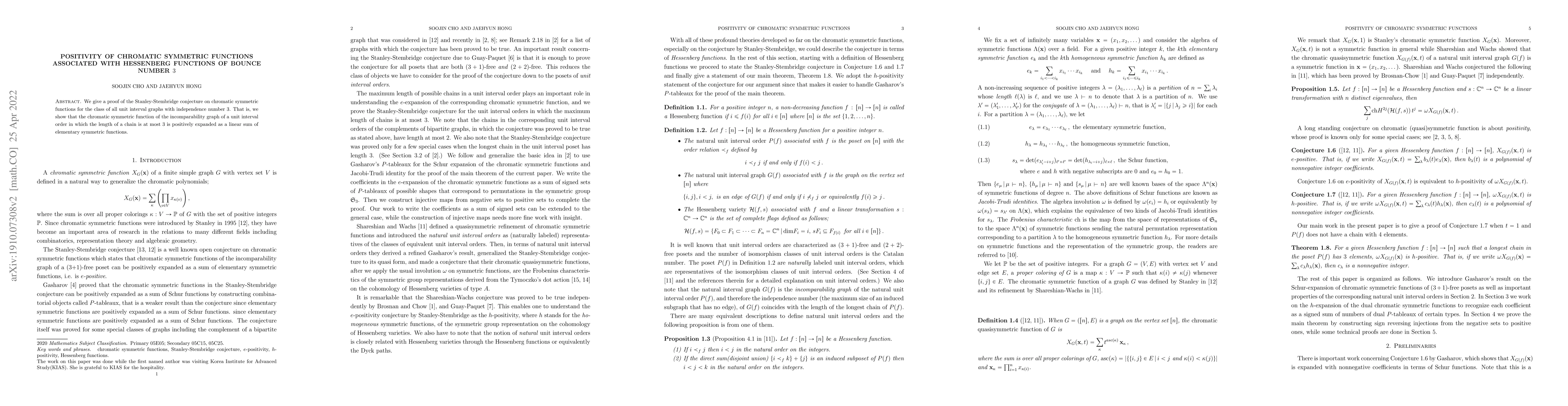 Thumbnail for Positivity of chromatic symmetric functions associated with Hessenberg
  functions of bounce number 3