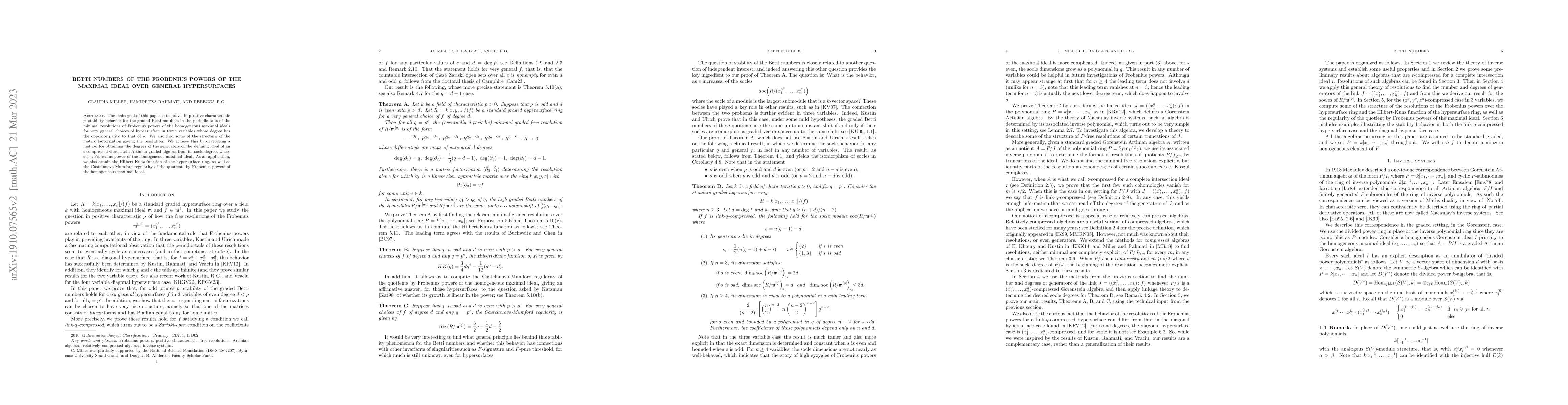Thumbnail for Betti numbers of the Frobenius powers of the maximal ideal over a
  general hypersurface