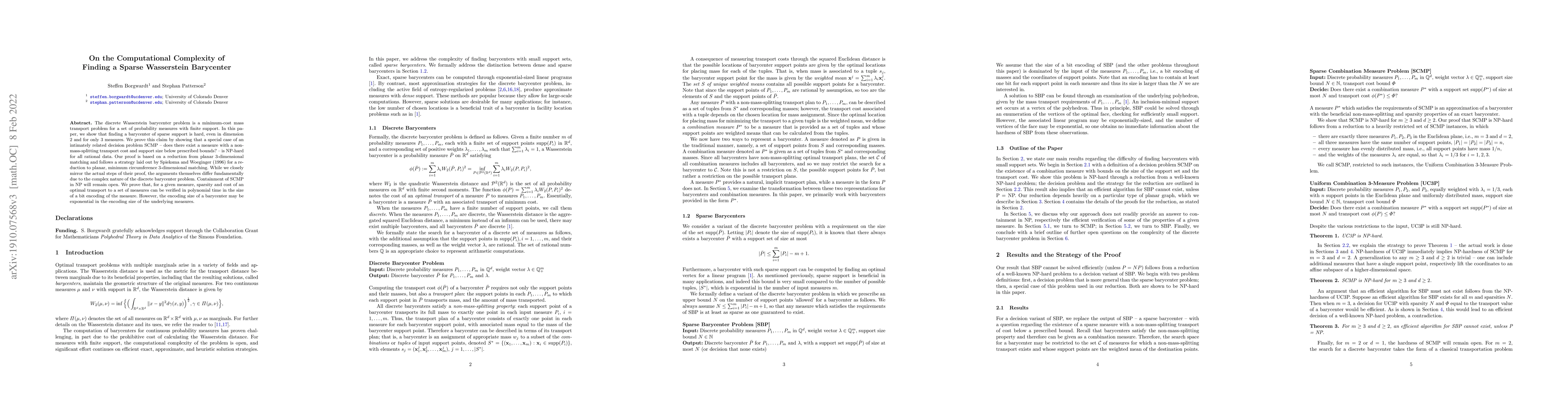 Thumbnail for On the Computational Complexity of Finding a Sparse Wasserstein
  Barycenter