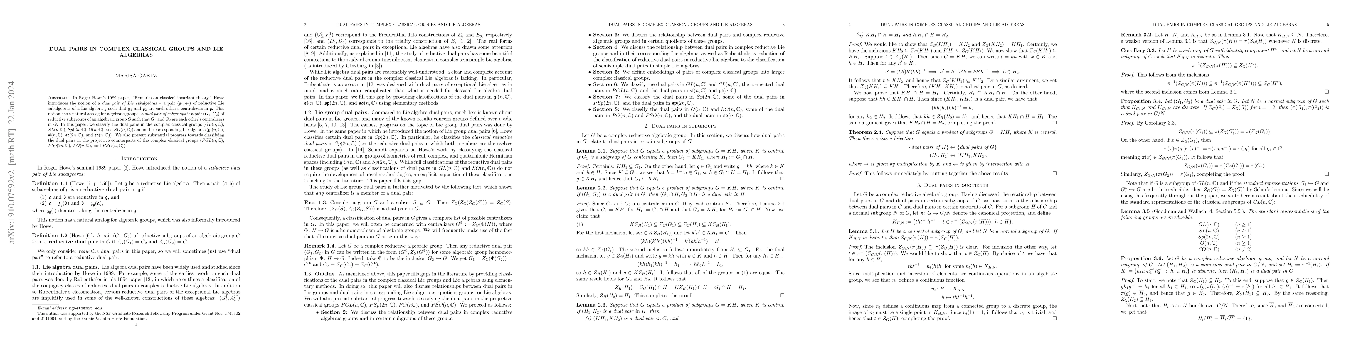 Thumbnail for Dual pairs in complex classical groups and Lie algebras
