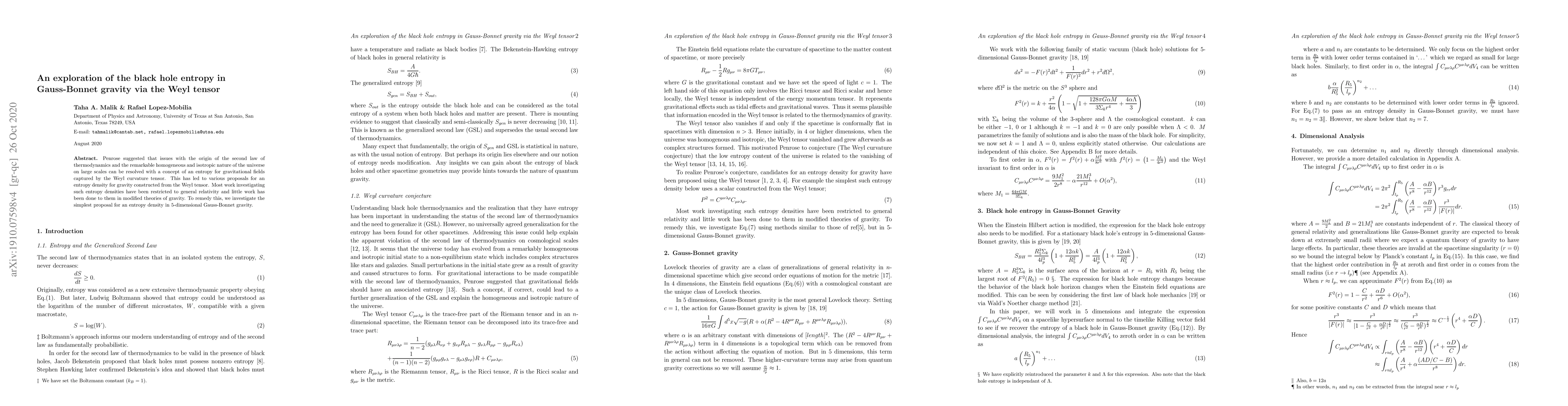 Thumbnail for An exploration of the black hole entropy in Gauss-Bonnet gravity via the
  Weyl tensor