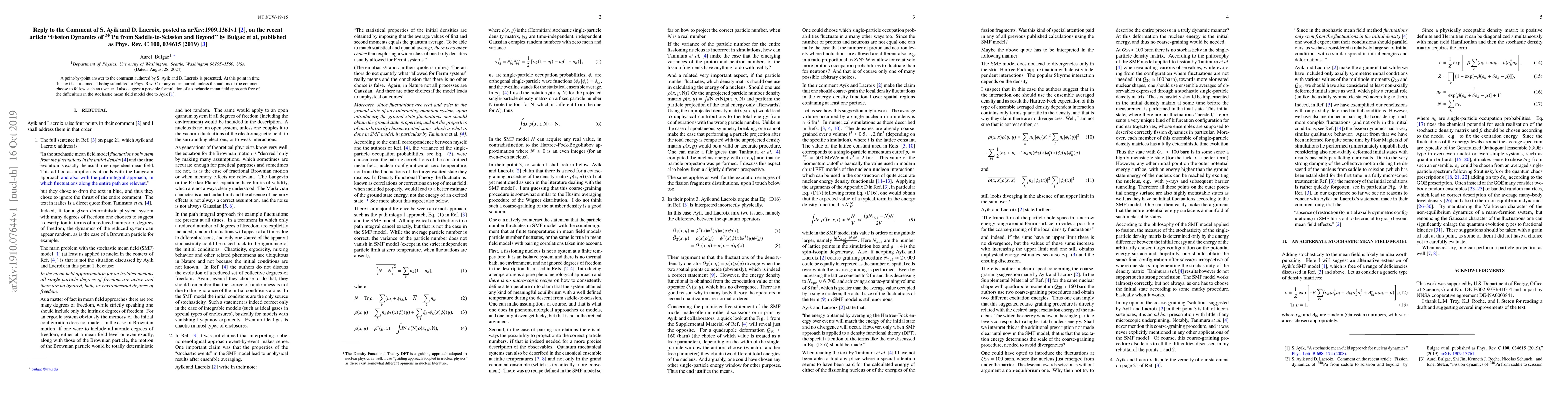 Thumbnail for Reply to the Comment of S. Ayik and D. Lacroix, posted as
  arXiv:1909.1361v1, on the recent article "Fission Dynamics of 240Pu from
  Saddle-to-Scission and Beyond" by Bulgac et al, published as Phys. Rev. C
  100, 034615 (2019)