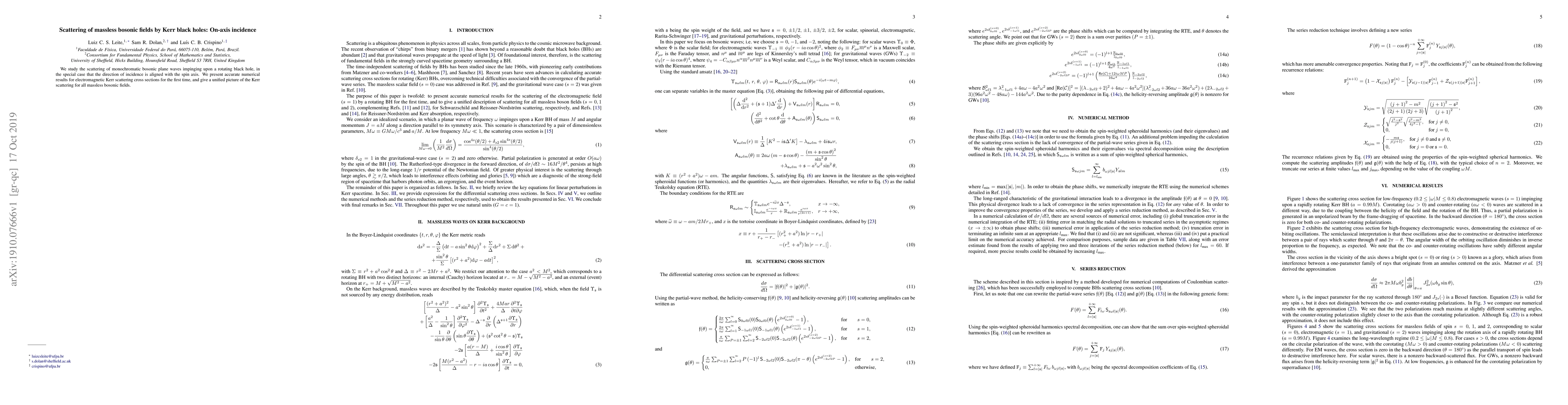 Thumbnail for Scattering of massless bosonic fields by Kerr black holes: On-axis
  incidence