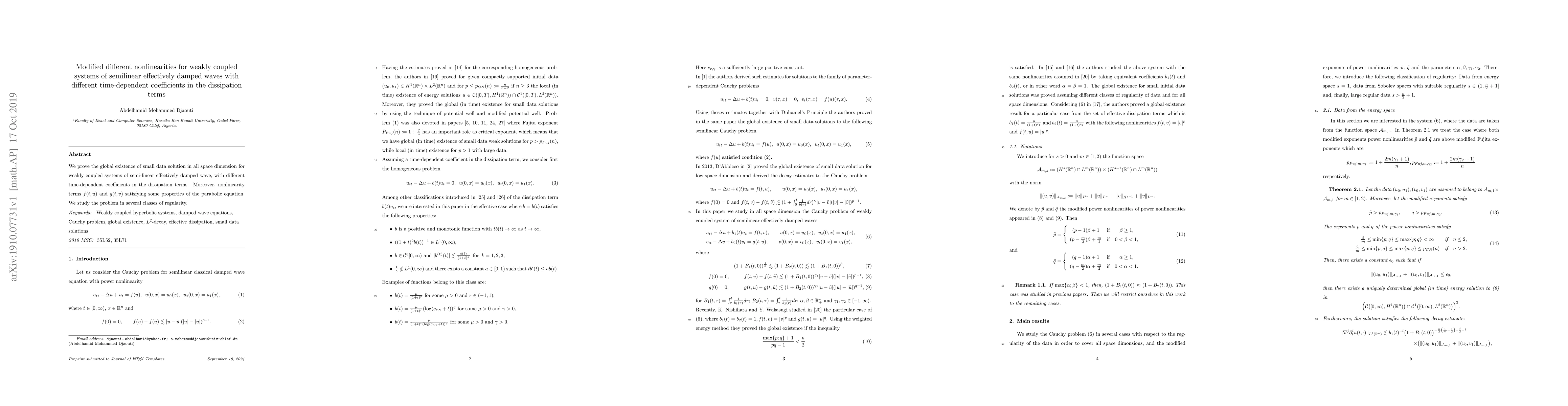 Thumbnail for Modified different nonlinearities for weakly coupled systems of
  semilinear effectively damped waves with different time-dependent
  coefficients in the dissipation terms