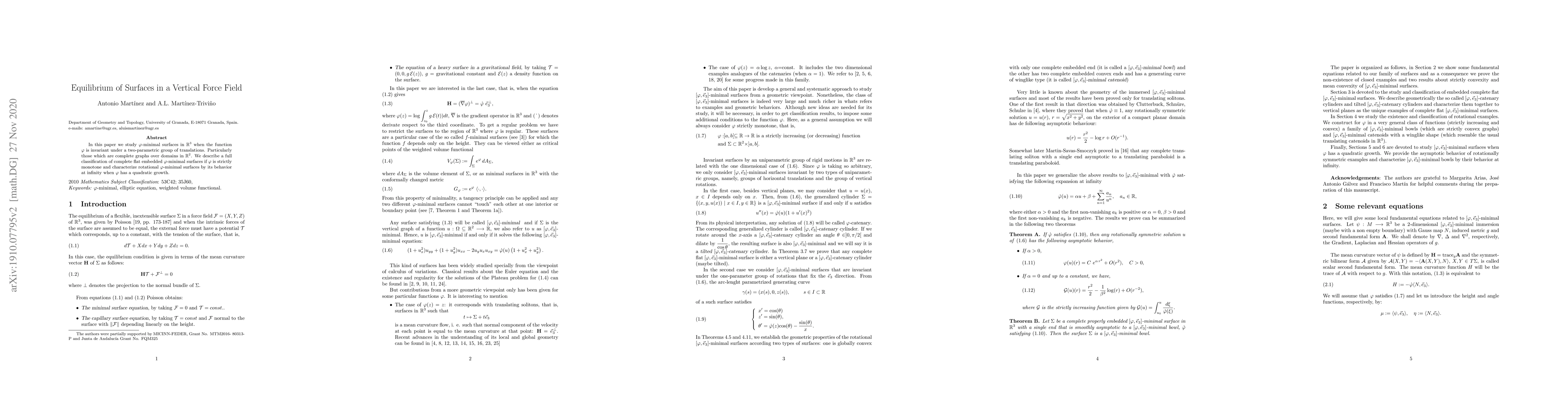 Thumbnail for Equilibrium of Surfaces in a Vertical Force Field