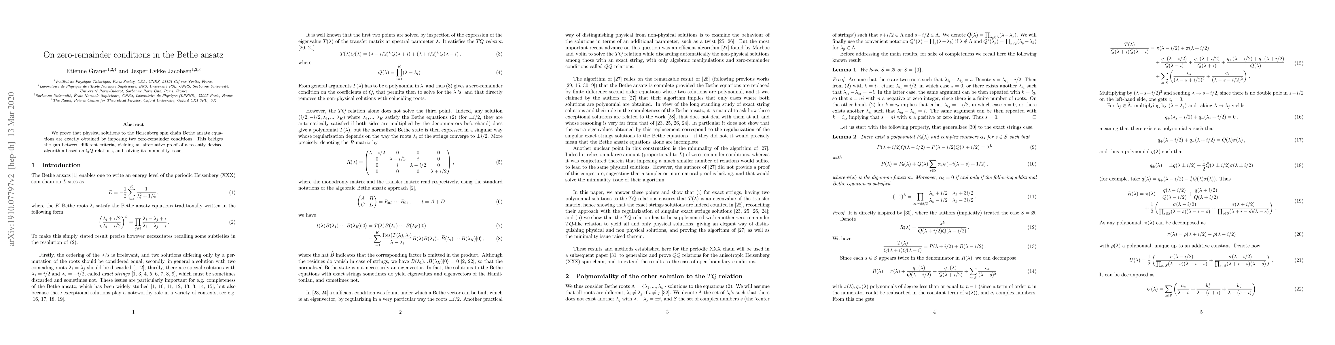Thumbnail for On zero-remainder conditions in the Bethe ansatz