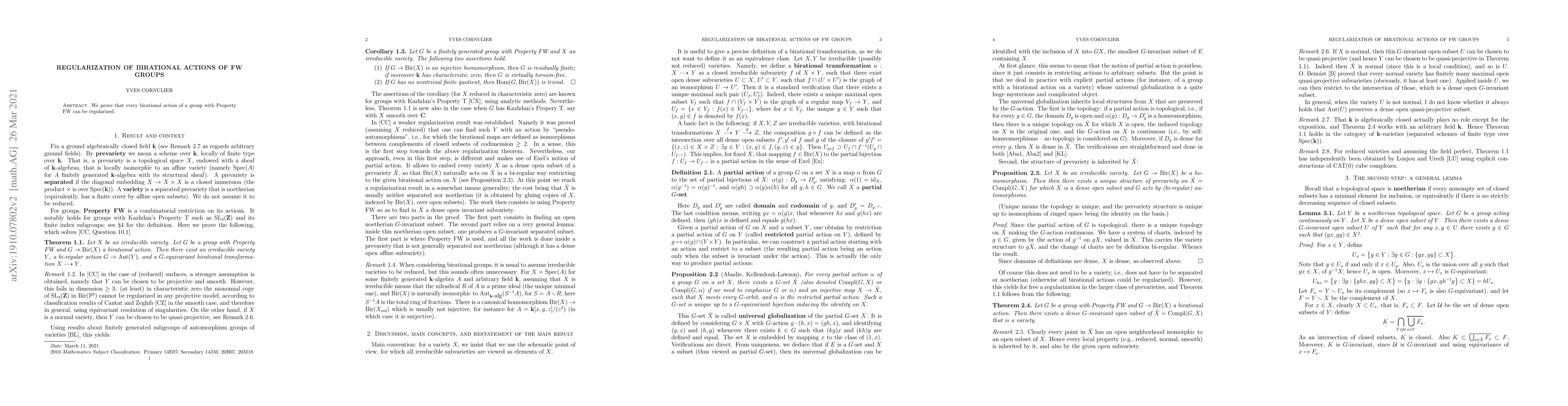 Thumbnail for Regularization of birational actions of FW groups