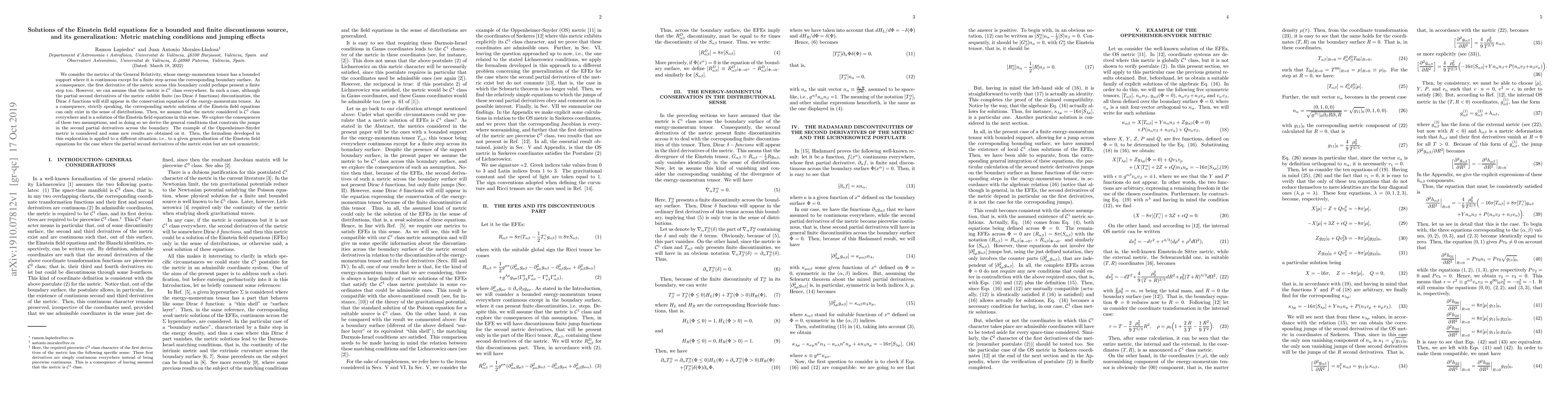 Thumbnail for Solutions of the Einstein field equations for a bounded and finite
  discontinuous source, and its generalization: Metric matching conditions and
  jumping effects