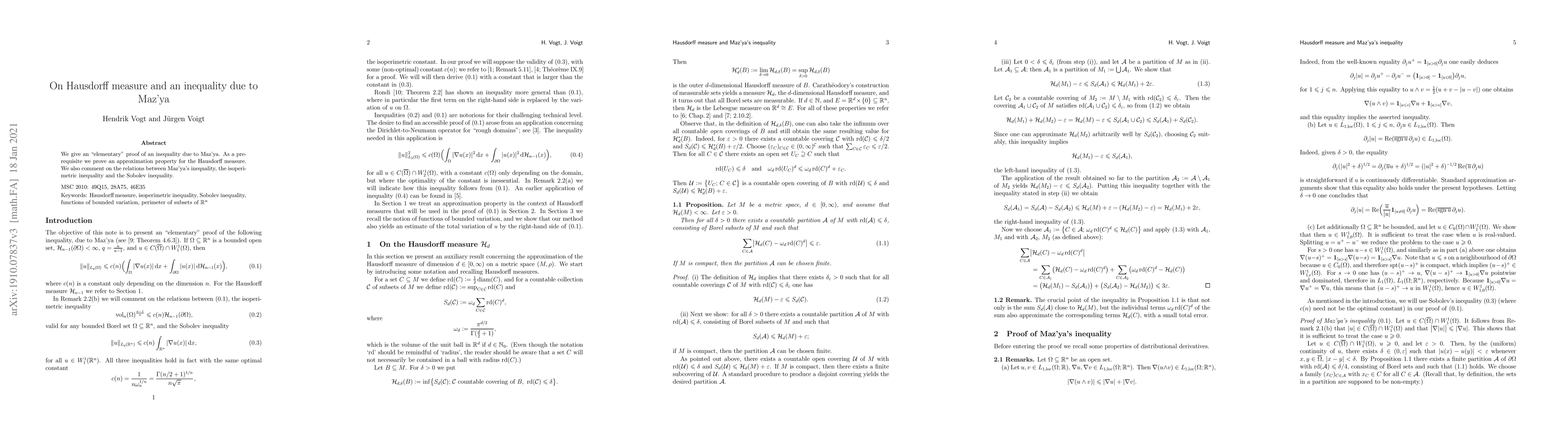 Thumbnail for On Hausdorff measure and an inequality due to Maz'ya