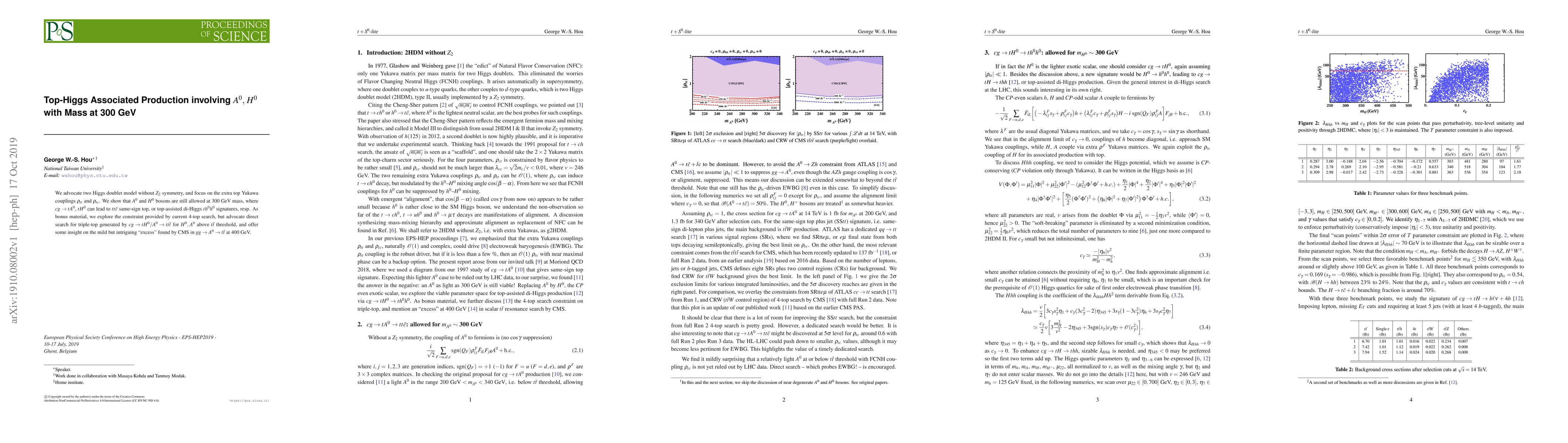 Thumbnail for Top-Higgs Associated Production involving {\boldmath ${A^0},\, {H^0}$}
  with Mass at 300 GeV