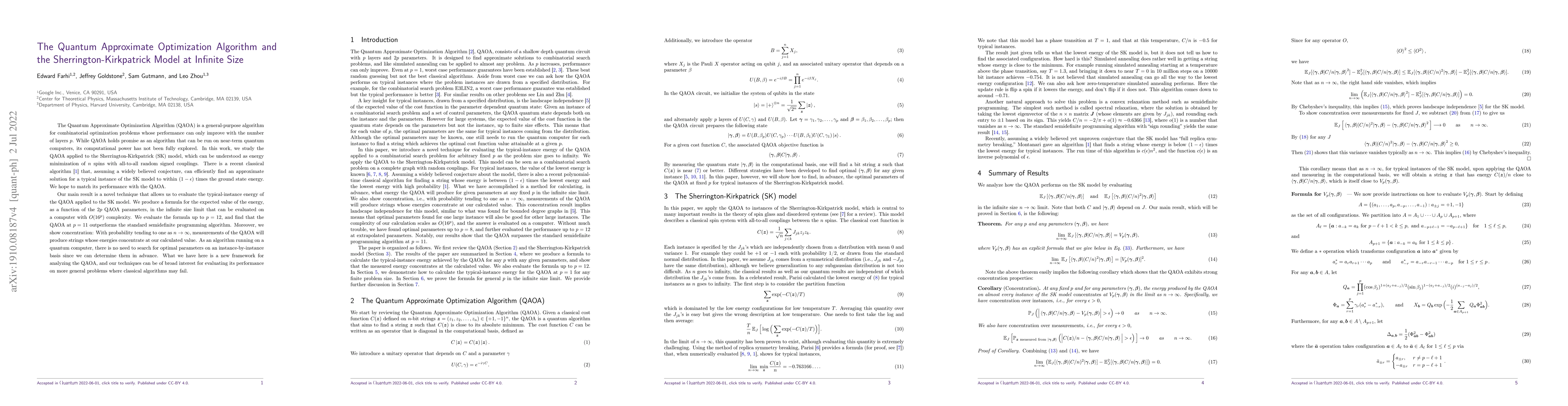 Thumbnail for The Quantum Approximate Optimization Algorithm and the
  Sherrington-Kirkpatrick Model at Infinite Size