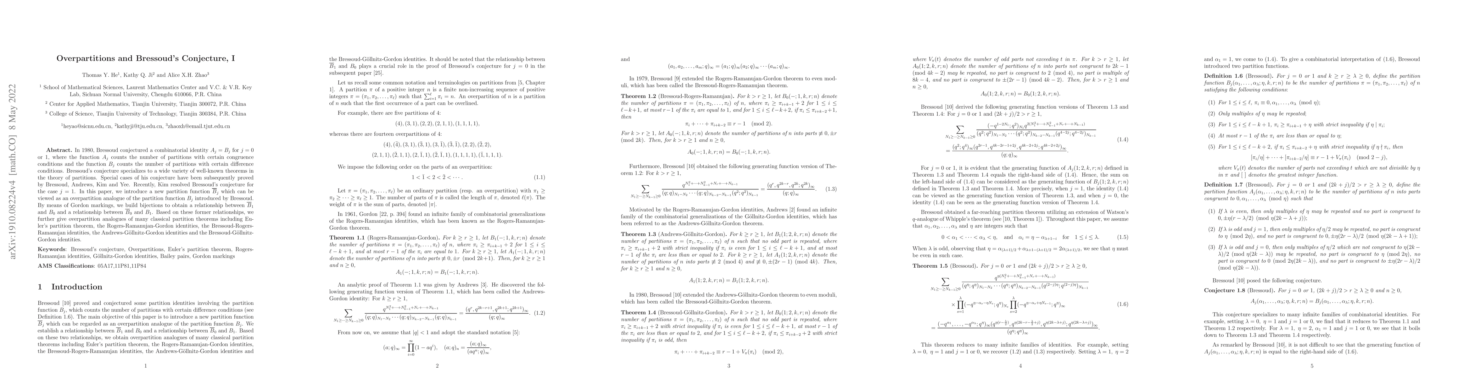 Thumbnail for Overpartitions and Bressoud's conjecture, I