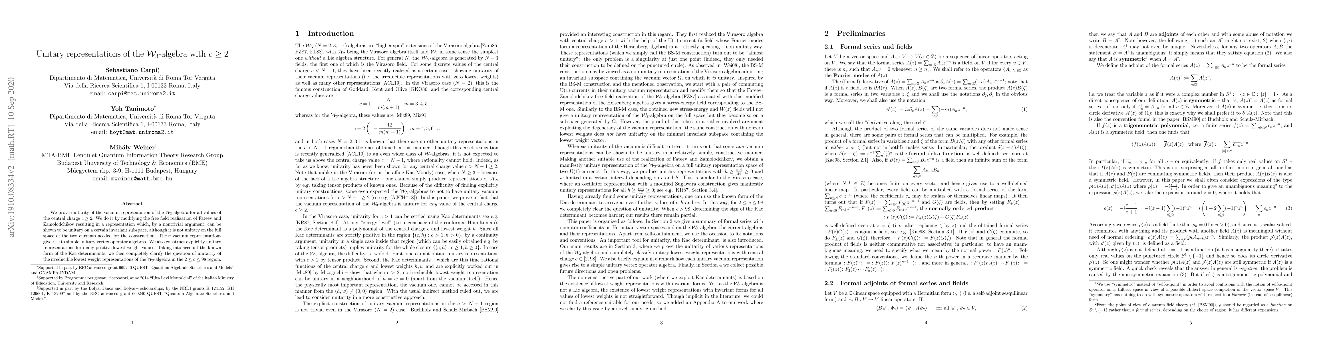 Thumbnail for Unitary representations of the $\mathcal{W}_3$-algebra with $c\geq 2$