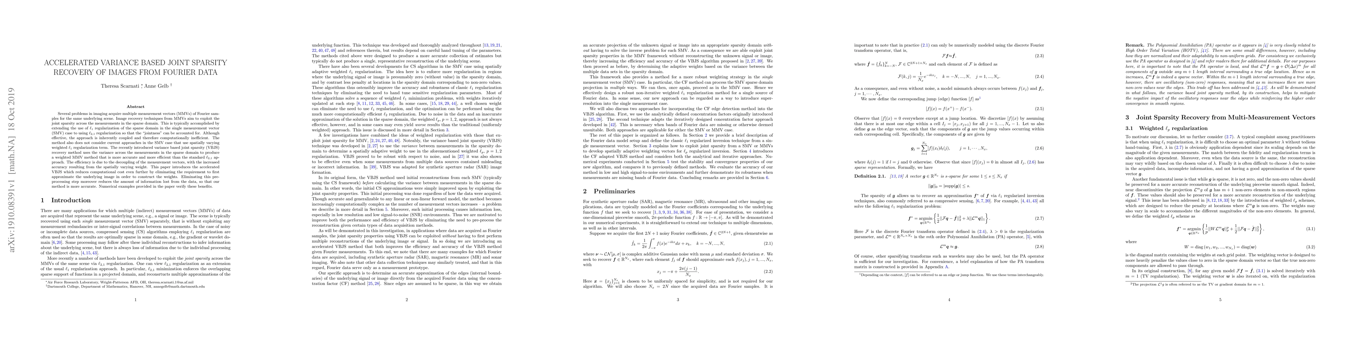 Thumbnail for Accelerated Variance Based Joint Sparsity Recovery of Images from
  Fourier Data