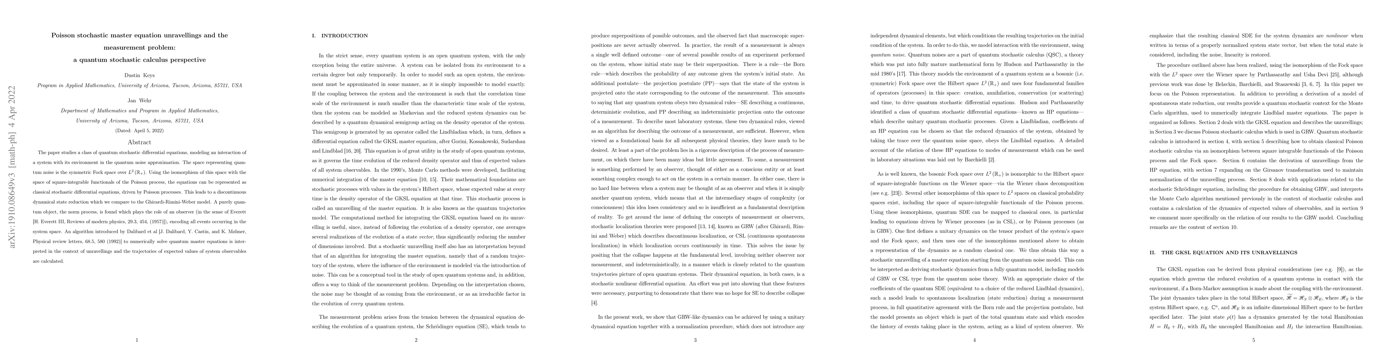 Thumbnail for Poisson stochastic master equation unravellings and the measurement
  problem: a quantum stochastic calculus perspective
