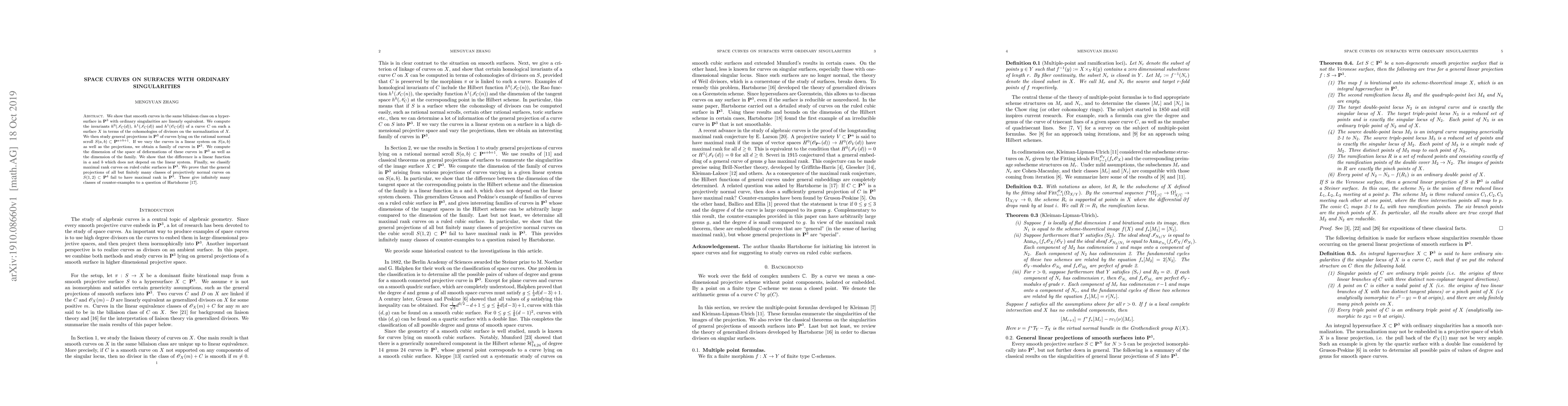 Thumbnail for Space curves on surfaces with ordinary singularities