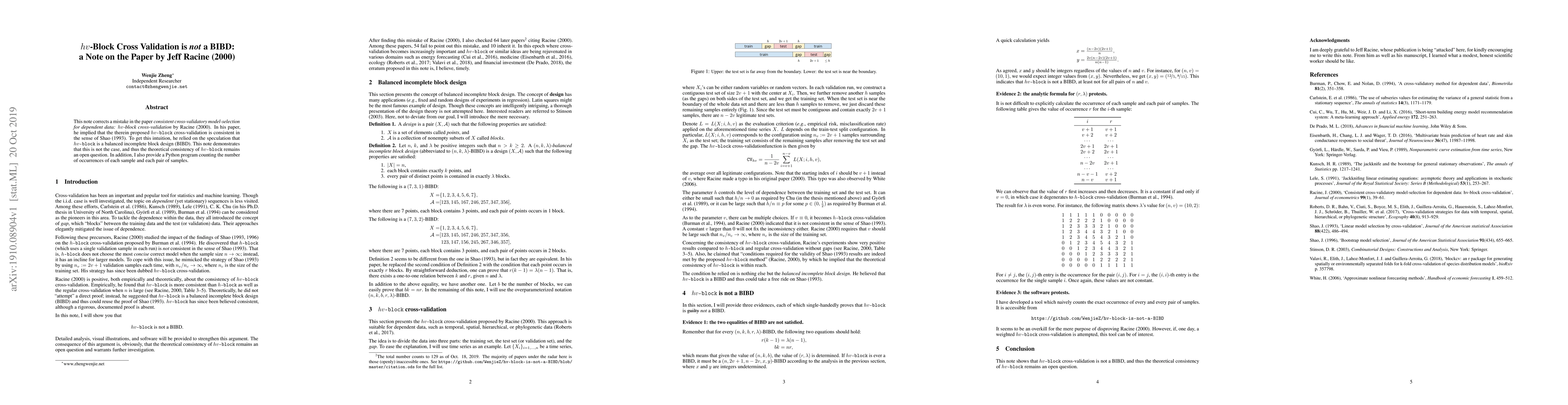 Thumbnail for $hv$-Block Cross Validation is not a BIBD: a Note on the Paper by Jeff
  Racine (2000)